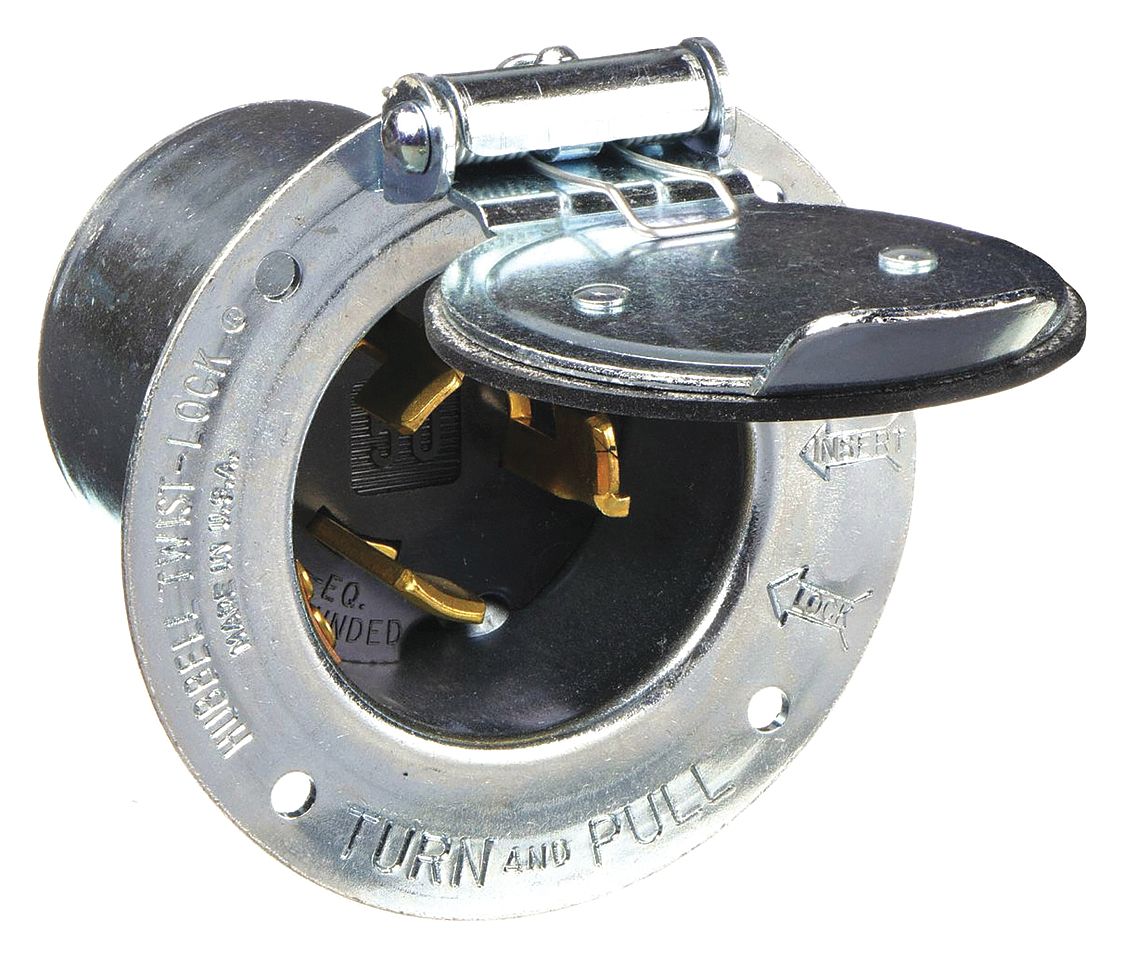Flanged Locking Inlet: Non-NEMA, 50 A, 250V DC/600V AC, 4 Blades, Flush