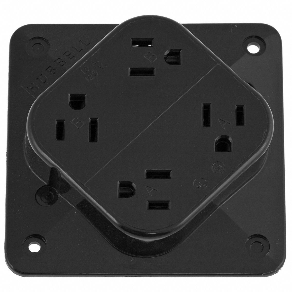 RECEPTACLE, QUAD, BLACK, 5-15R, 15 A, 125V AC, 2 POLE/3 WIRE, SCREW TERMINALS