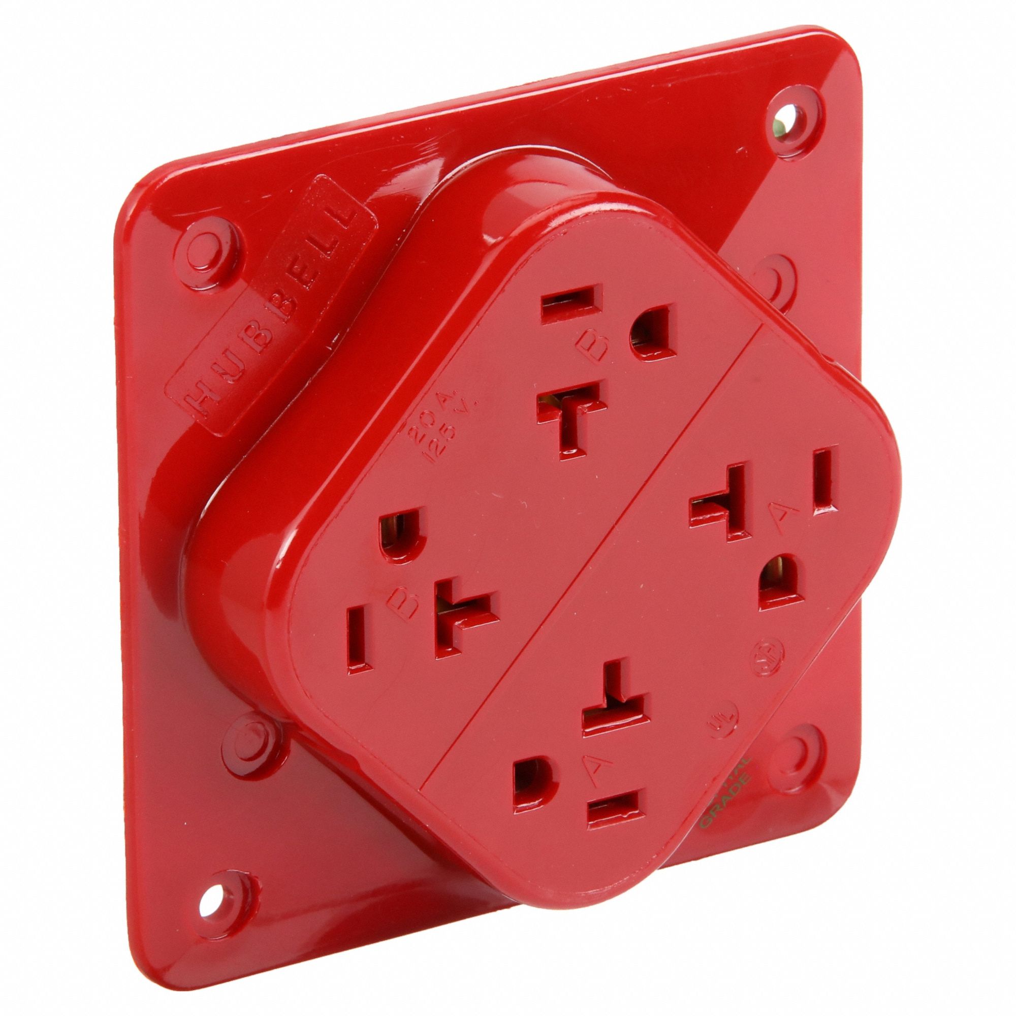 RECEPTACLE, QUAD, 5-20R, 20 A, 125V AC, RED, 2 POLE/3 WIRE POLES AND WIRES, SCREW TERMINALS