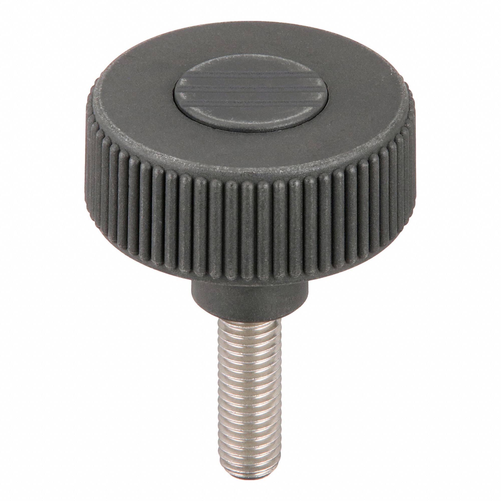 Hand Knob: Knurled, Plastic w/ SS Thread, M10 Thread, 30 mm Thread Lg, 50 mm Dia, Gray