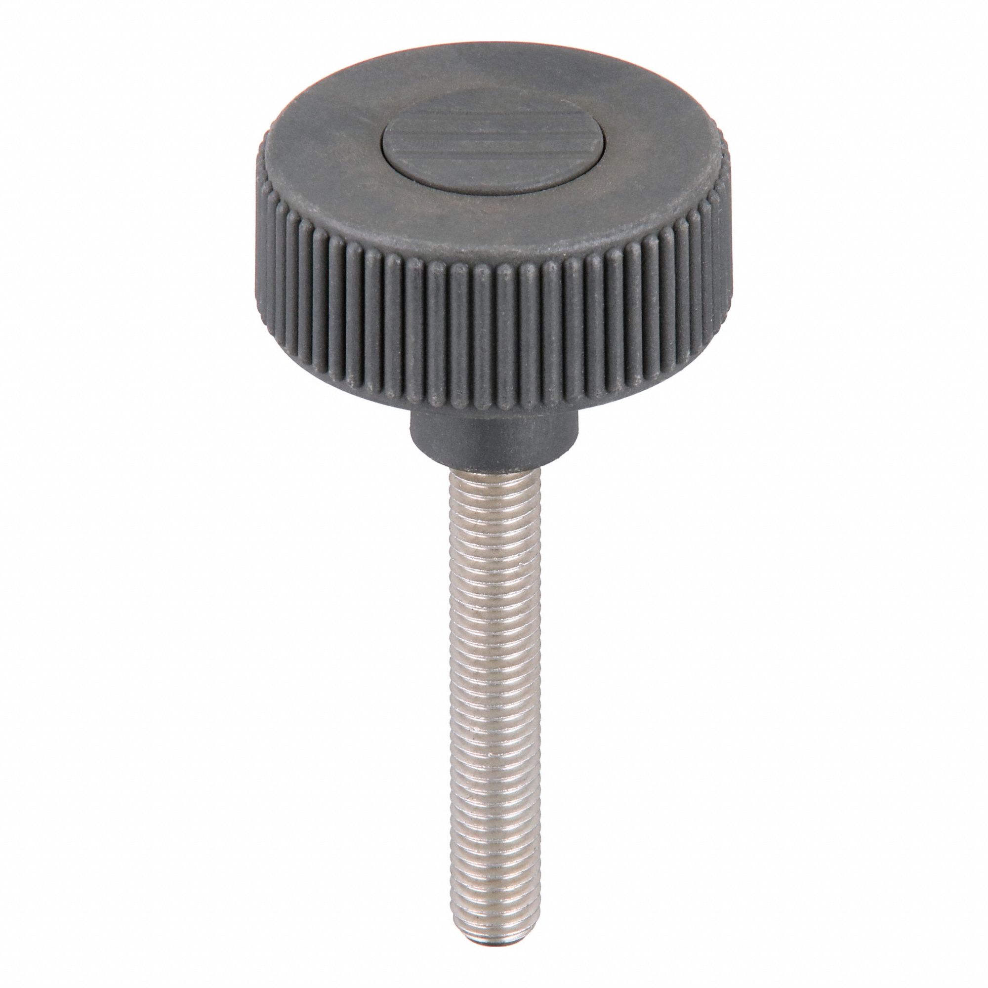 Hand Knob: Knurled, Plastic w/ SS Thread, M10 Thread, 60 mm Thread Lg, 50 mm Dia, Gray