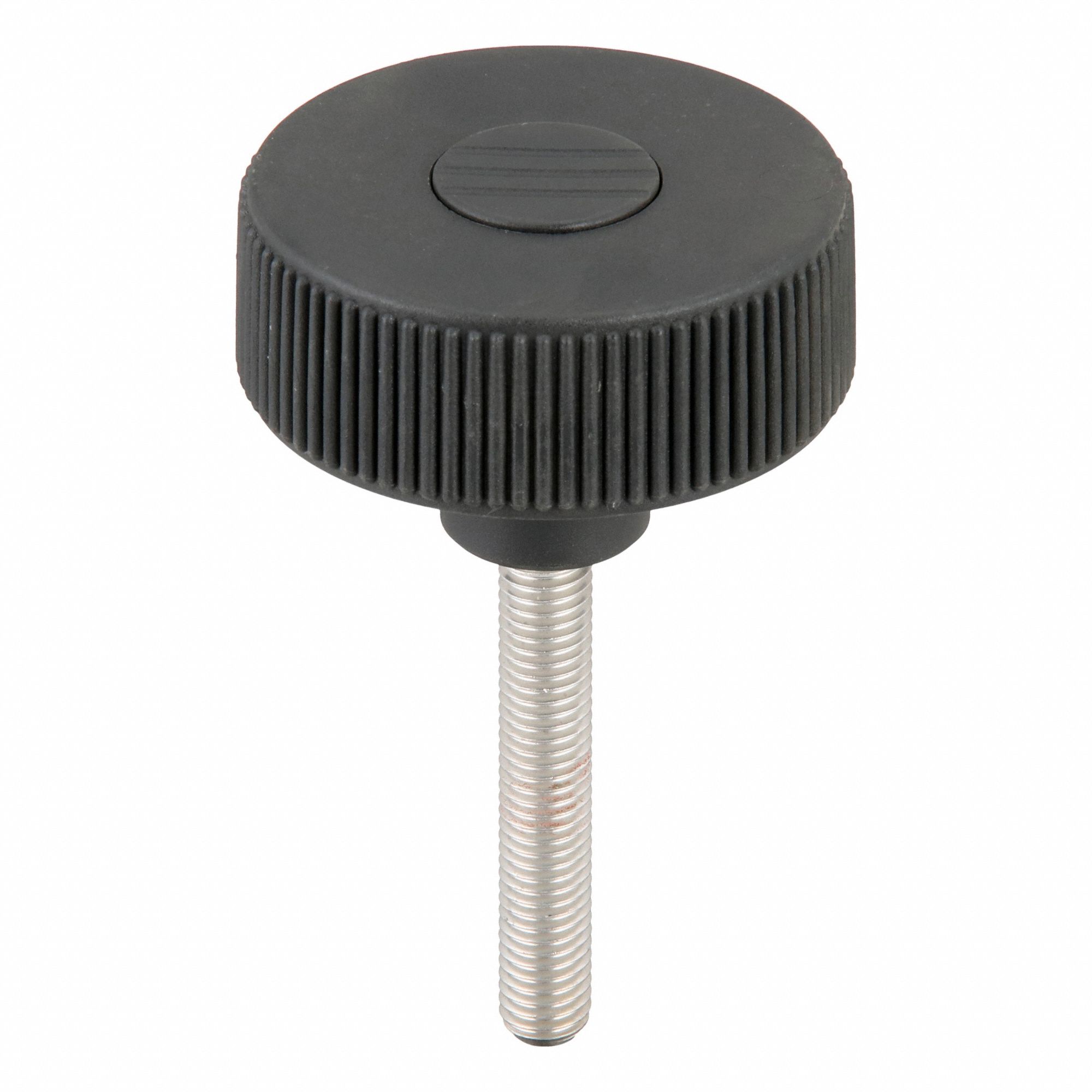 Hand Knob: Knurled, Plastic w/ SS Thread, M10 Thread, 60 mm Thread Lg, 63 mm Dia, Gray