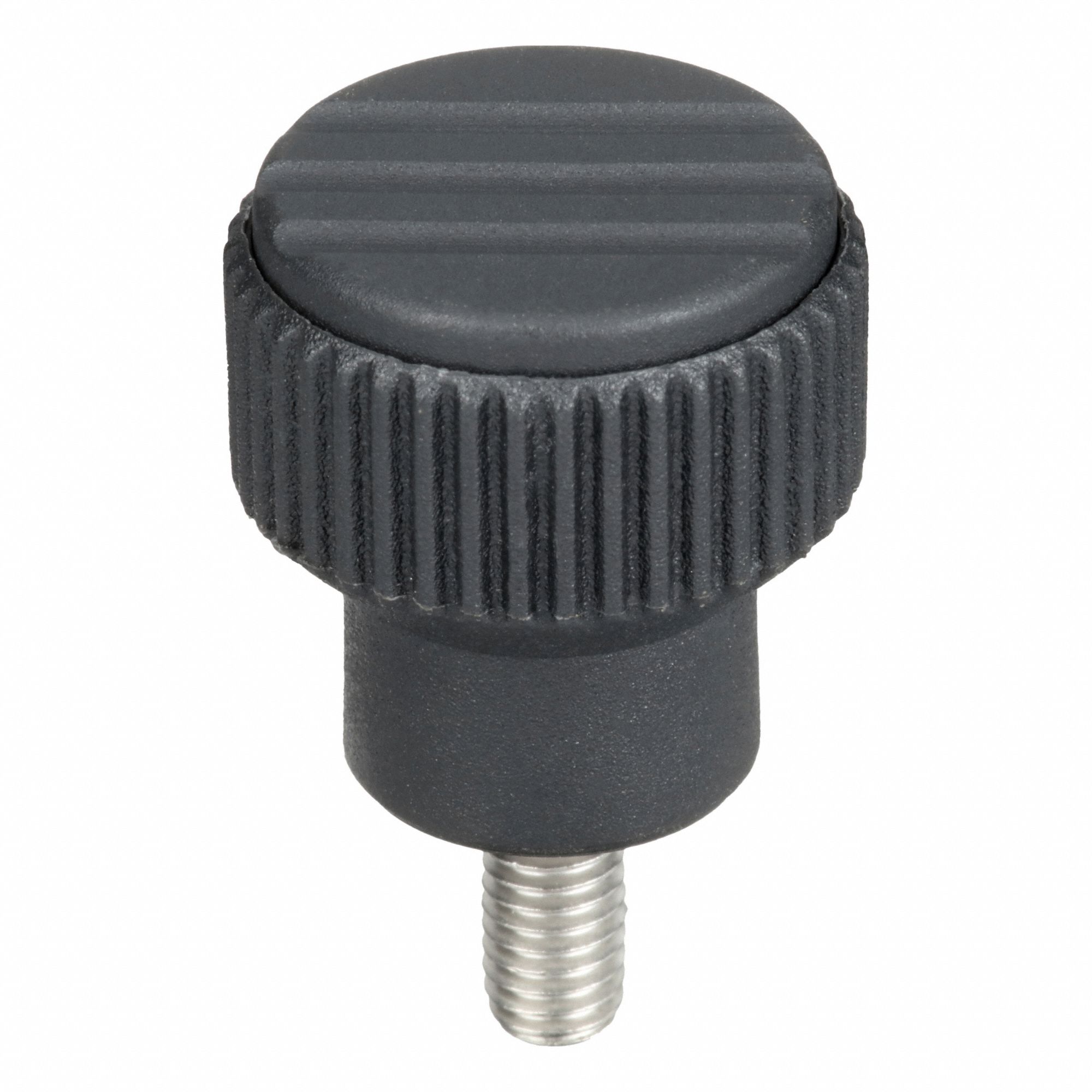 Hand Knob: Knurled, Plastic w/ SS Thread, M5 Thread, 10 mm Thread Lg, 21 mm Dia, Gray