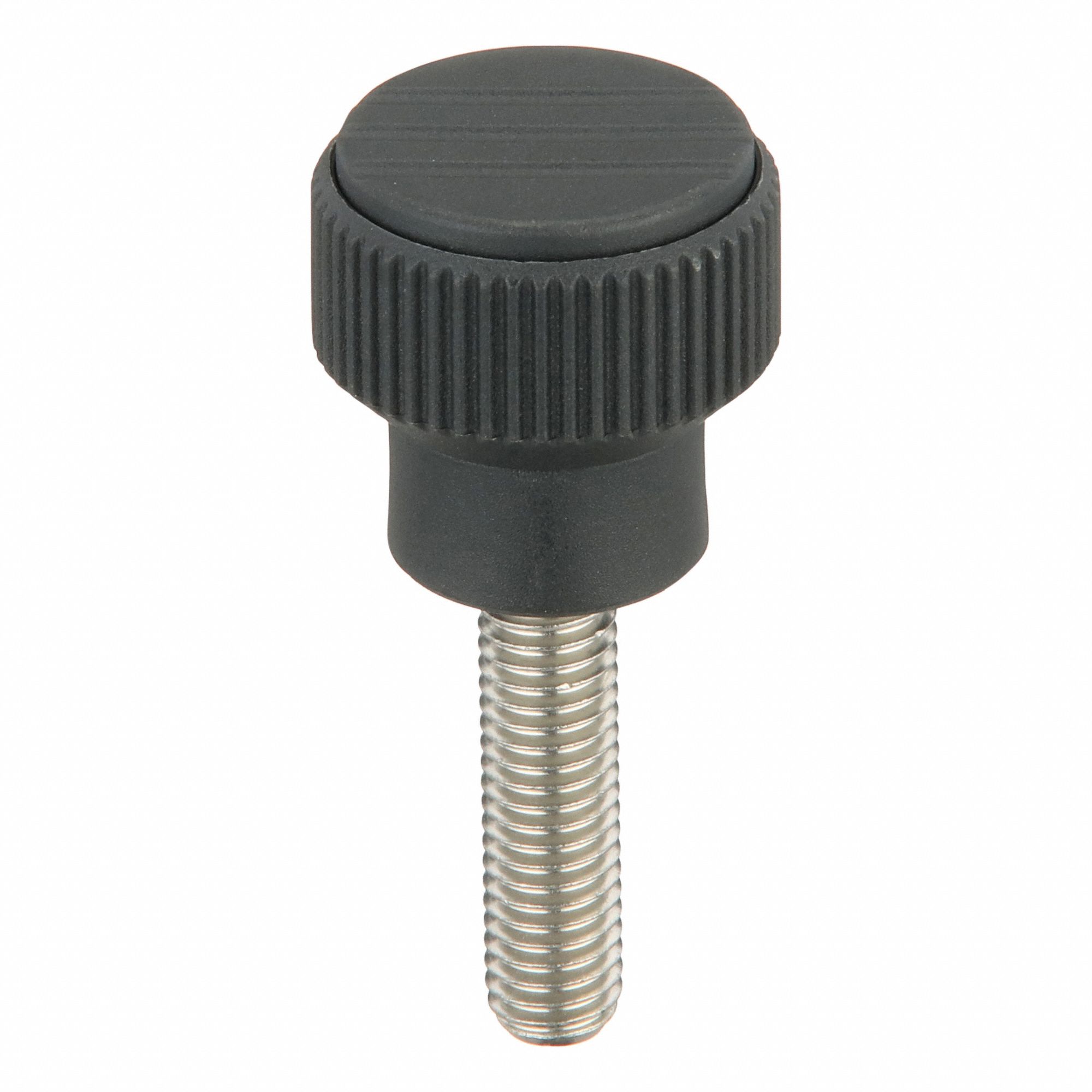 Hand Knob: Knurled, Plastic w/ SS Thread, M8 Thread, 30 mm Thread Lg, 26 mm Dia, Gray