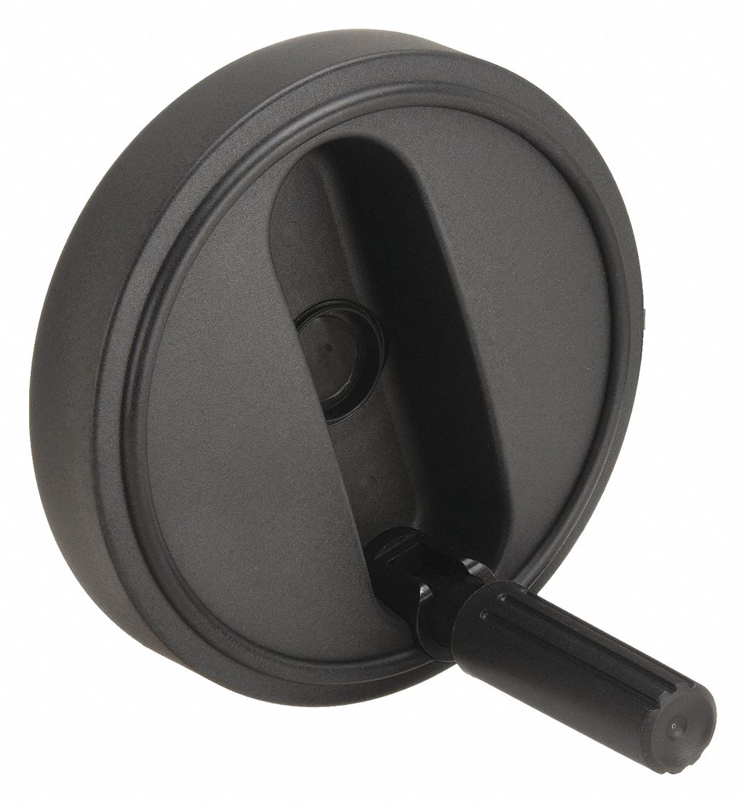 Hand Wheel: Solid, Fold Away Handle, Thermoplastic, 1/2 in Bore, 125 mm Dia, Black