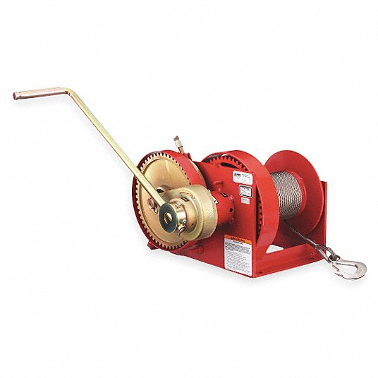 Hand Winch: 4,000 lb 1st Layer Load Capacity, Spur, 19.54:1 Winch Gear Ratio, Brake Included