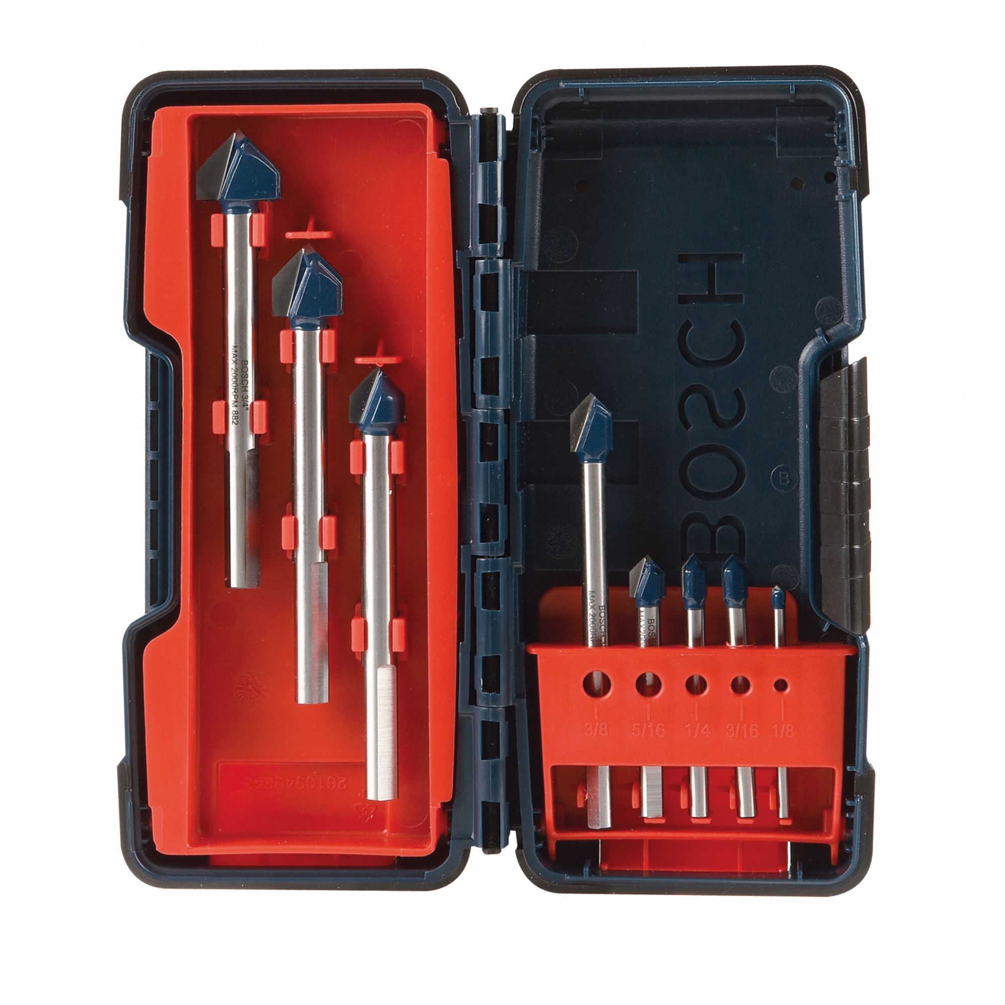 GLASS, TILE & PORCELAIN DRILL BIT SET, 2 IN, 2¼ IN, 3¾ IN, 4 IN L, 8-PIECE SET