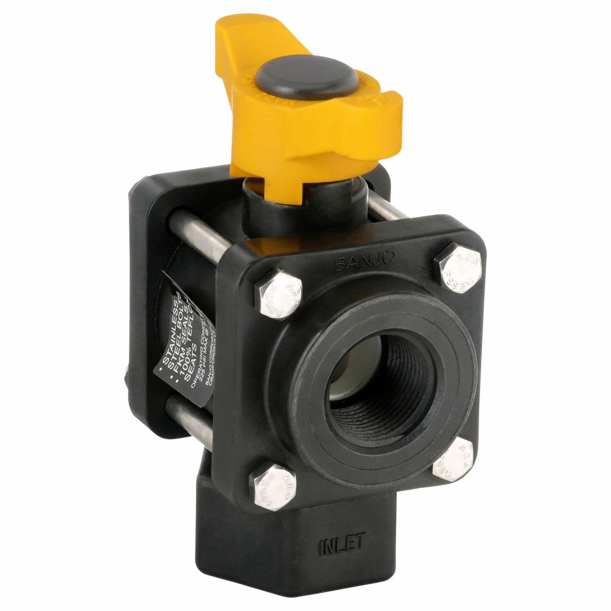 Manual Three-Way Ball Valve: 1 in, Polypropylene, L Flow, FNPT x FNPT x FNPT, Three-Piece