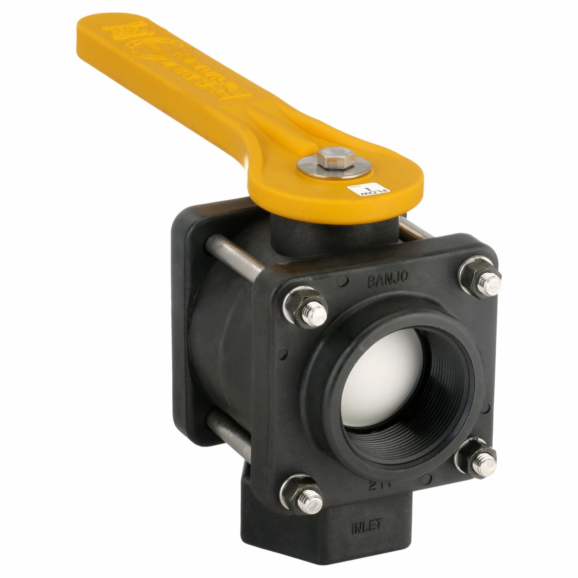 Manual Three-Way Ball Valve: 2 in, Polypropylene, L Flow, FNPT x FNPT x FNPT, Three-Piece