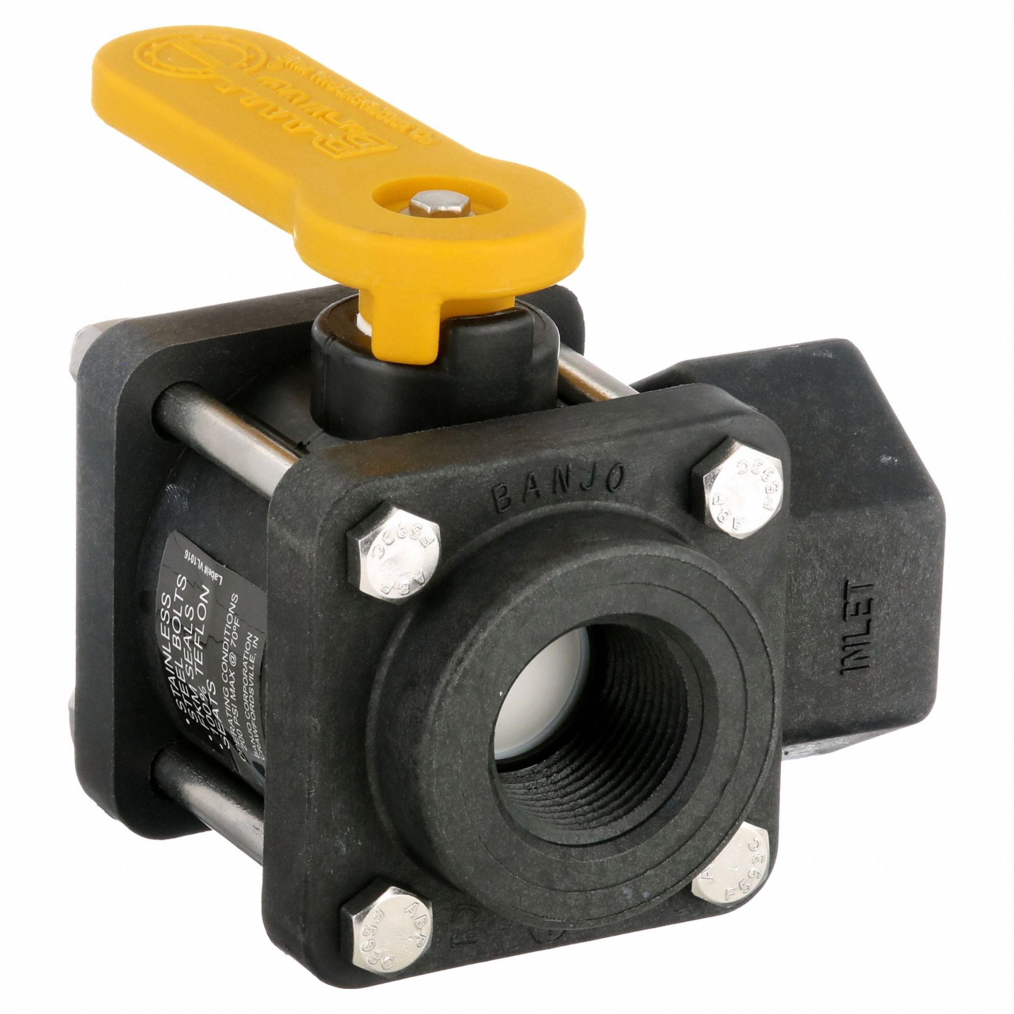Manual Three-Way Ball Valve: 1 in, Polypropylene, L Flow, FNPT x FNPT x FNPT, Three-Piece