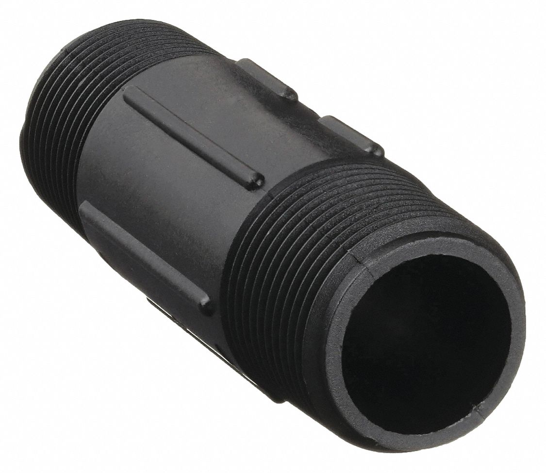 NIPPLE: POLYPROPYLENE, 1¼ IN NOMINAL PIPE SIZE, 4 IN L, BOTH ENDS THREADED, BLACK