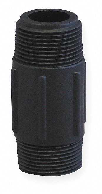 NIPPLE: POLYPROPYLENE, 1½ IN NOMINAL PIPE SIZE, 3 IN L, BOTH ENDS THREADED, BLACK