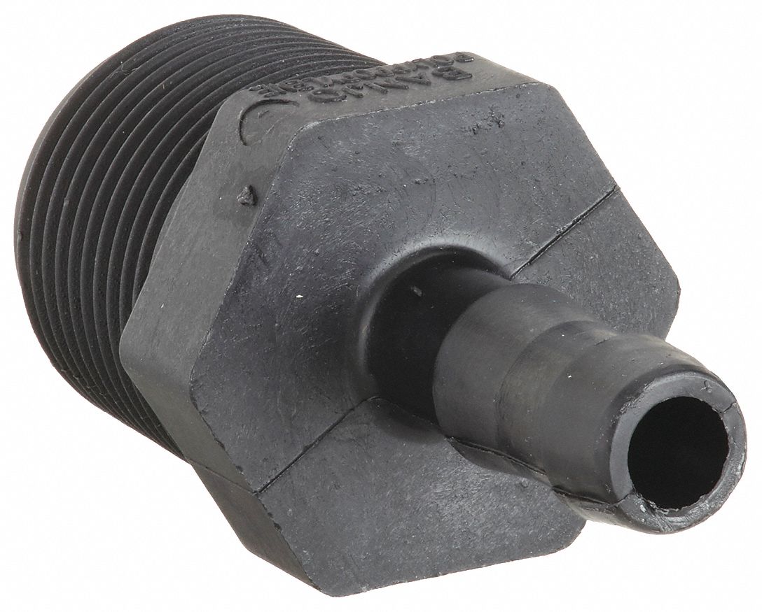 Barbed Hose Fitting: For 3/8 in Hose I.D., Hose Barb x NPT, 3/4 in x 3/8 in Fitting Size, Hex