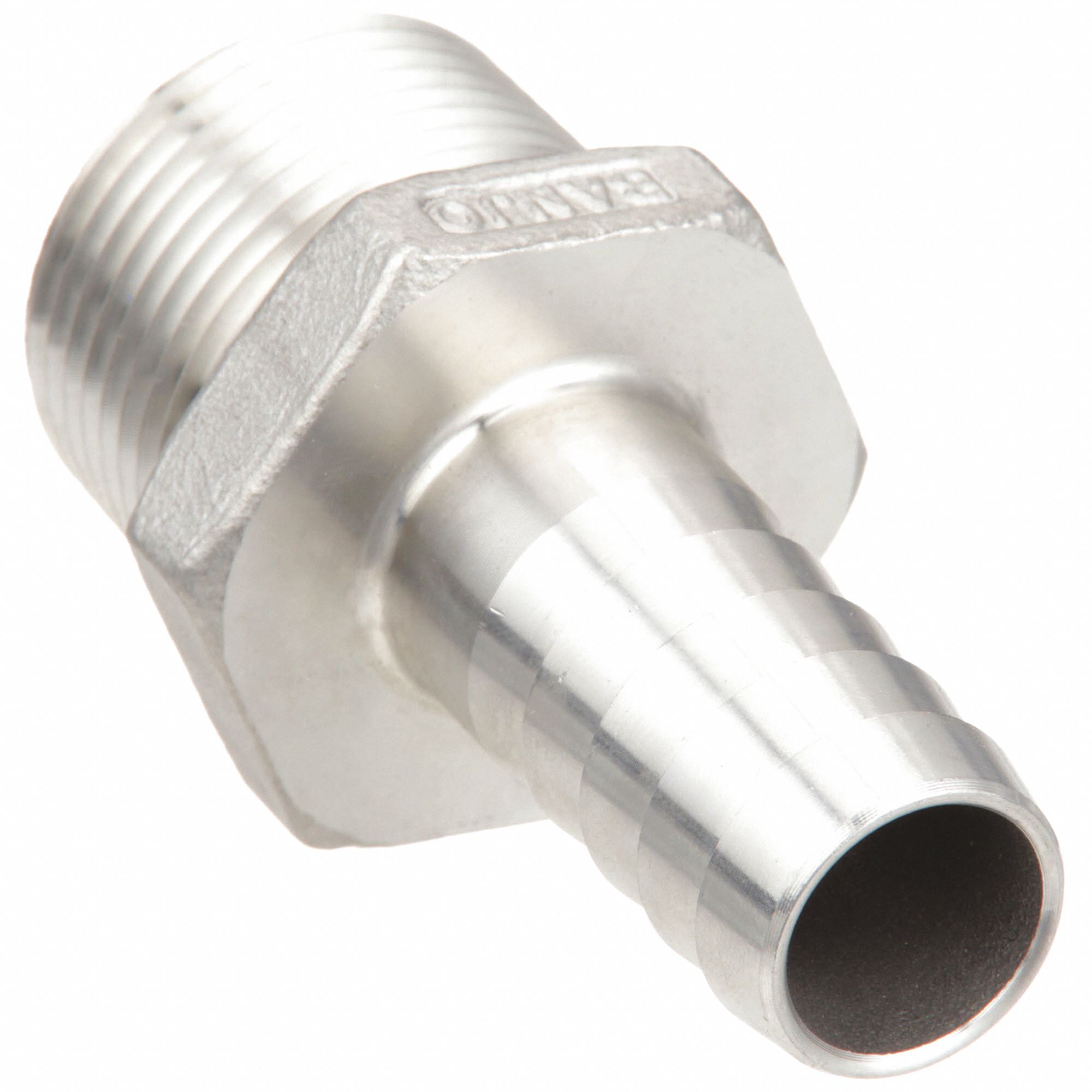 BARBED HOSE FITTING, FOR ¾ IN HOSE ID, HOSE BARB X NPT, MALE X MALE, HEX, 316 SS