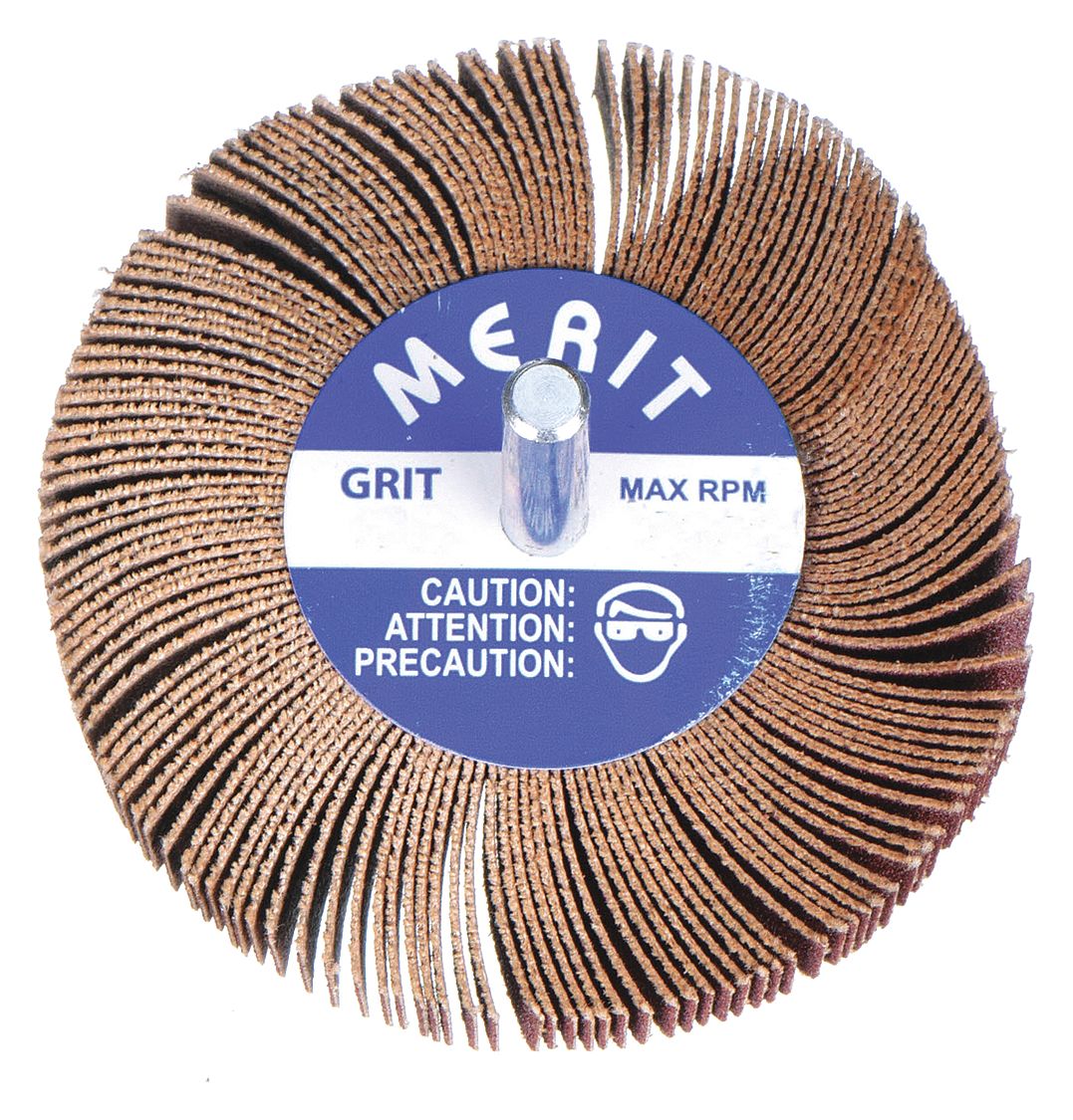 FLAP WHEEL, ⅝ IN DIAMETER X ¾ IN W, 1/8 IN STRAIGHT SHANK, ALUMINUM OXIDE, P120 GRIT, R369