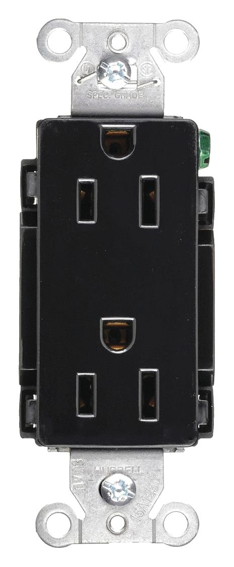 RECEPTACLE, DECORATOR DUPLEX, BLACK, 5-15R, 15 A, 125V AC, 2 POLE/3 WIRE, SCREW TERMINALS