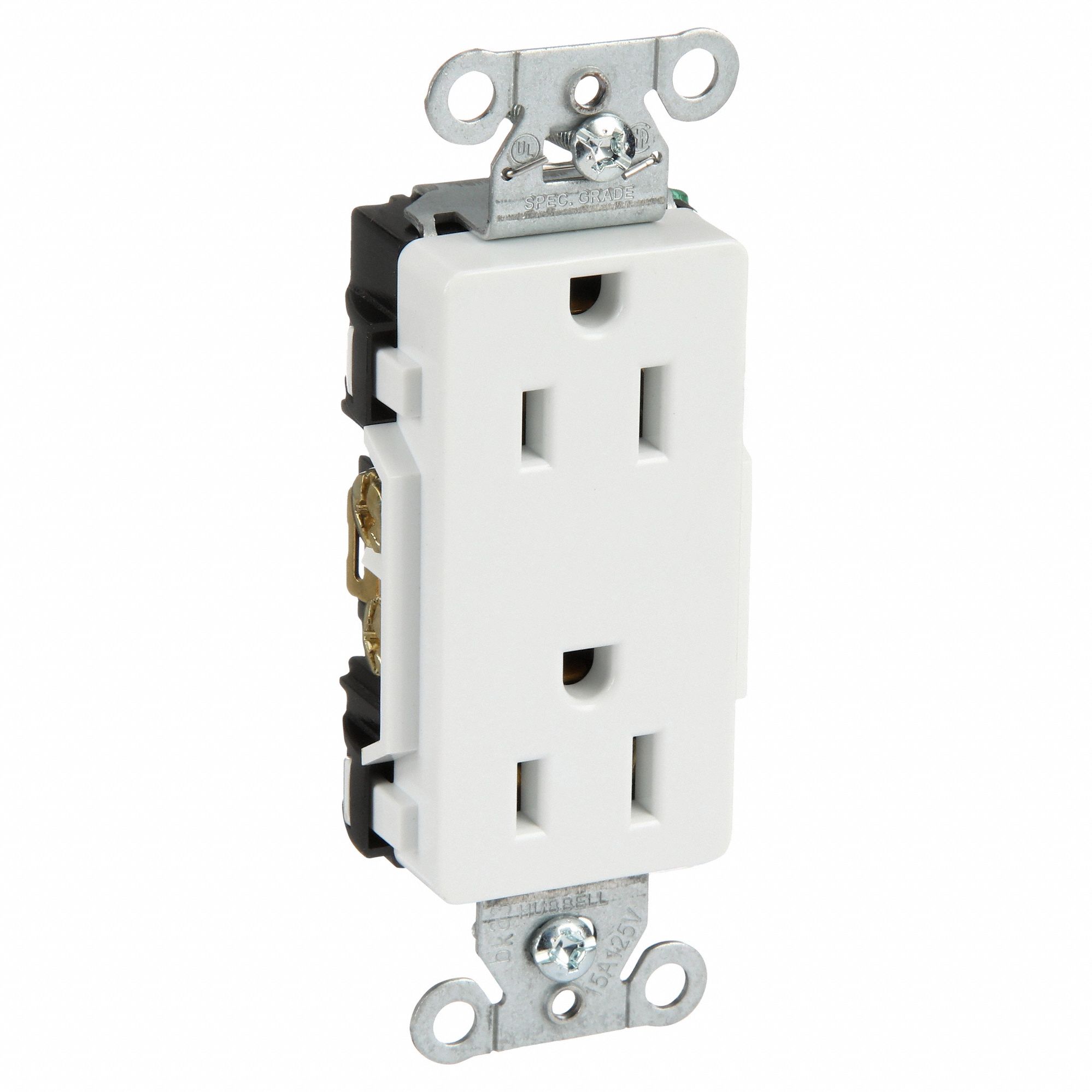 RECEPTACLE, DECORATOR DUPLEX, WHITE, 5-15R, 15 A, 125V AC, 2 POLE/3 WIRE, SCREW TERMINALS