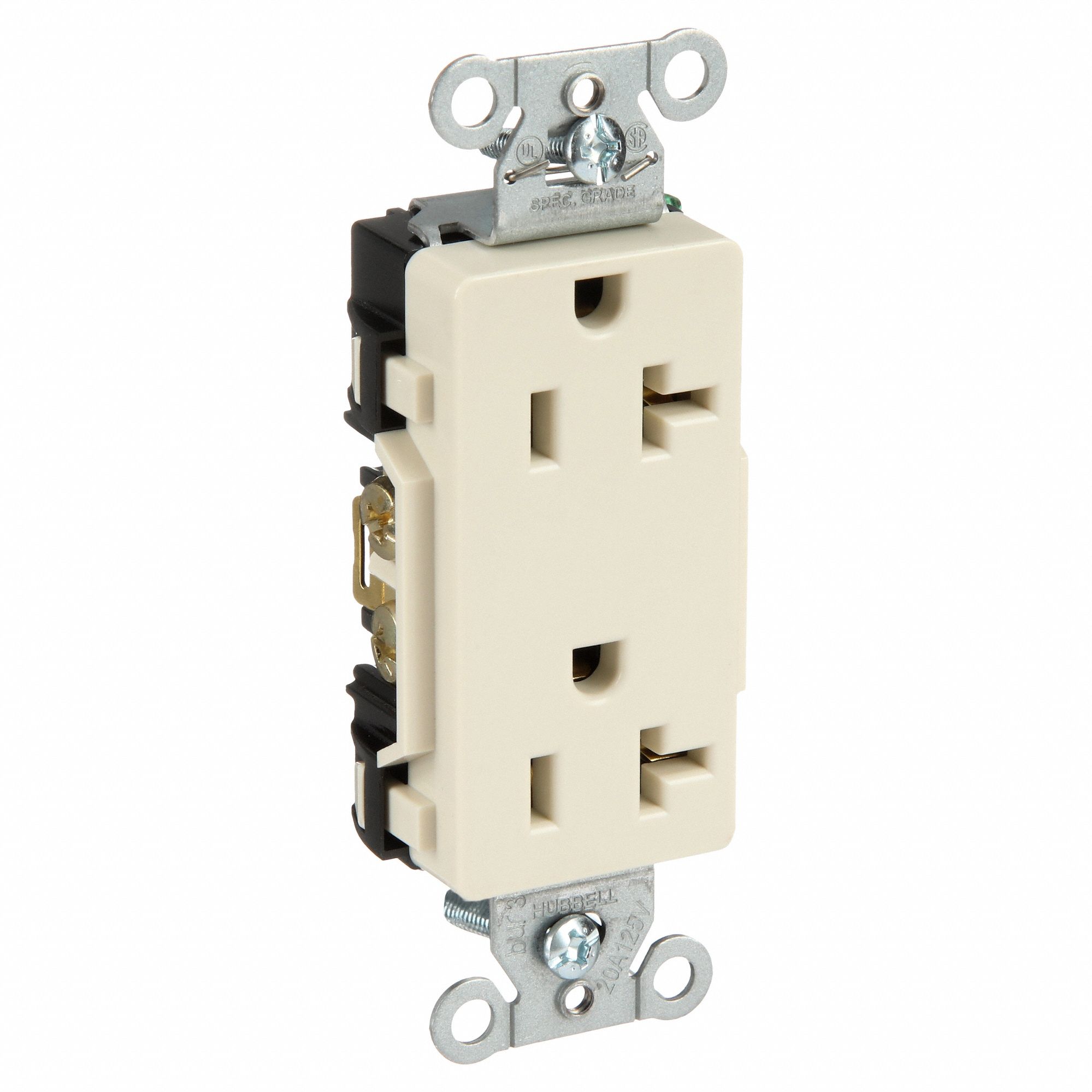 RECEPTACLE, DECORATOR DUPLEX, LIGHT ALMOND, 5-20R, 20 A, 125V AC, 2 POLE/3 WIRE