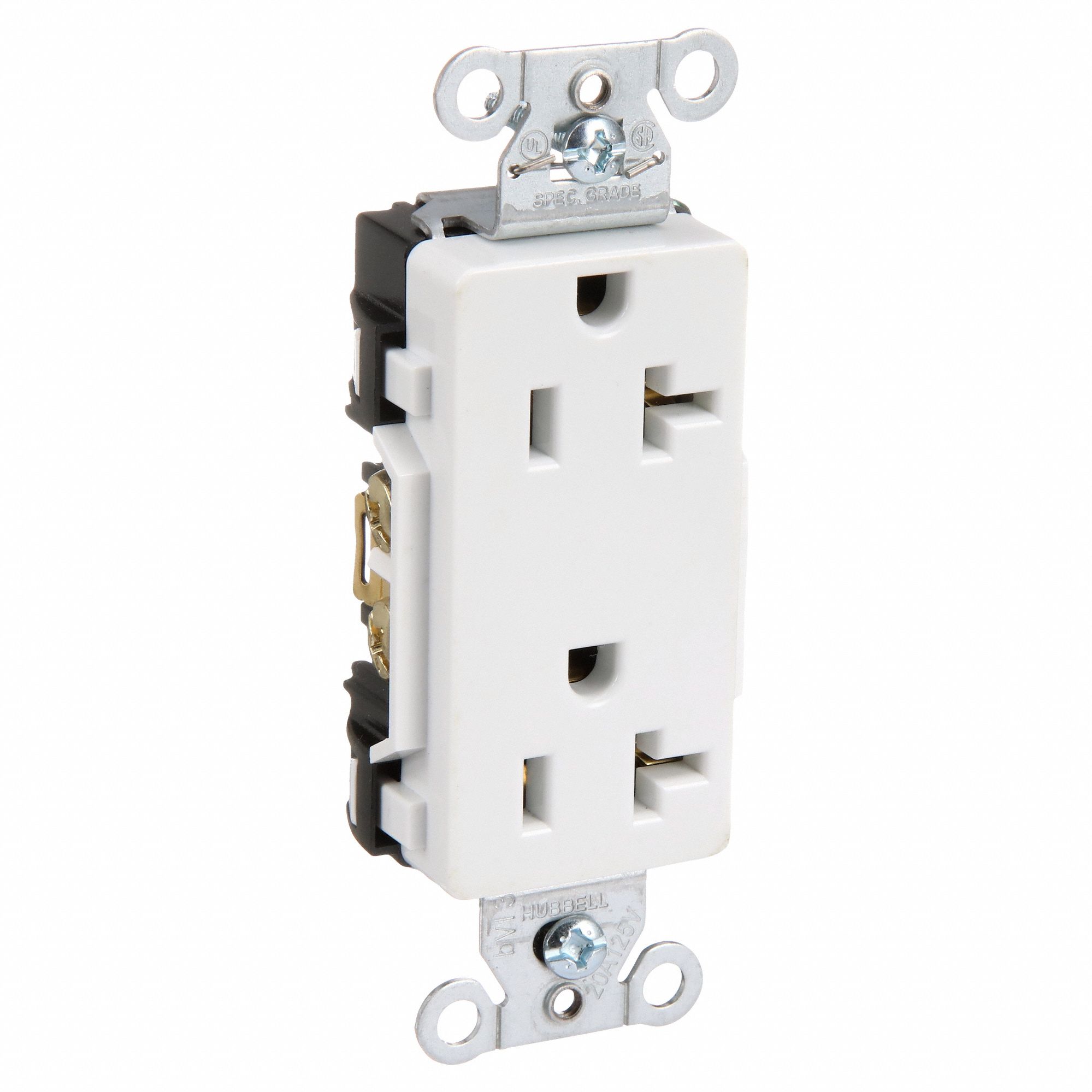 RECEPTACLE, DECORATOR DUPLEX, WHITE, 5-20R, 20 A, 125V AC, 2 POLE/3 WIRE, SCREW TERMINALS