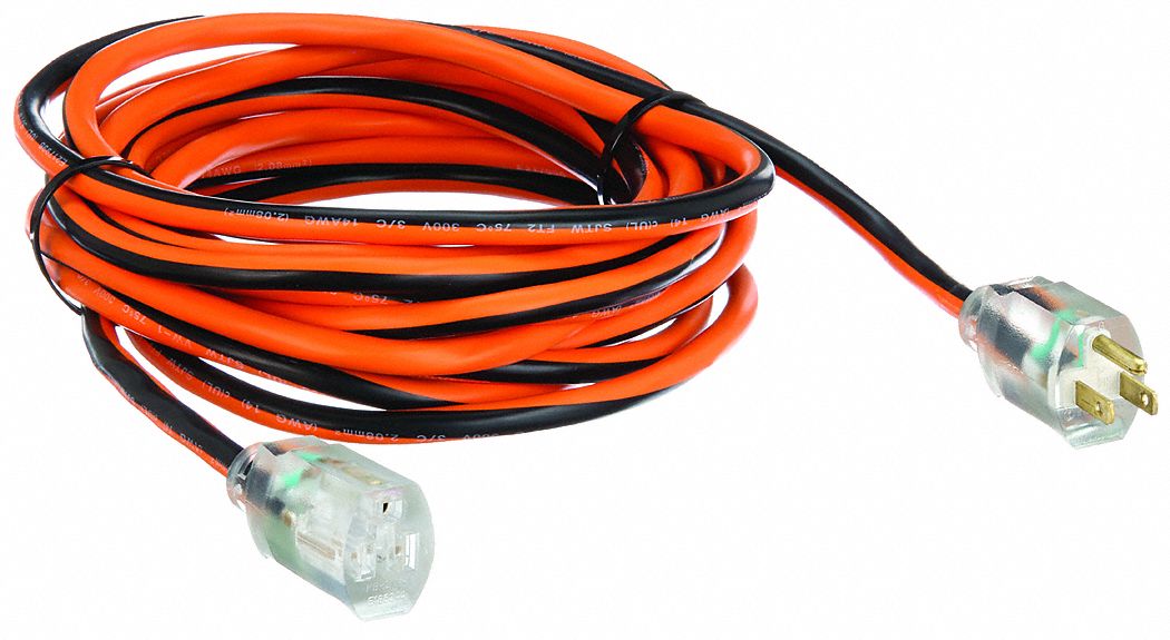 LIGHTED EXTENSION CORD, 25 FT CORD, 14 AWG WIRE SIZE, 14/3, SJTW, NEMA 5-15P