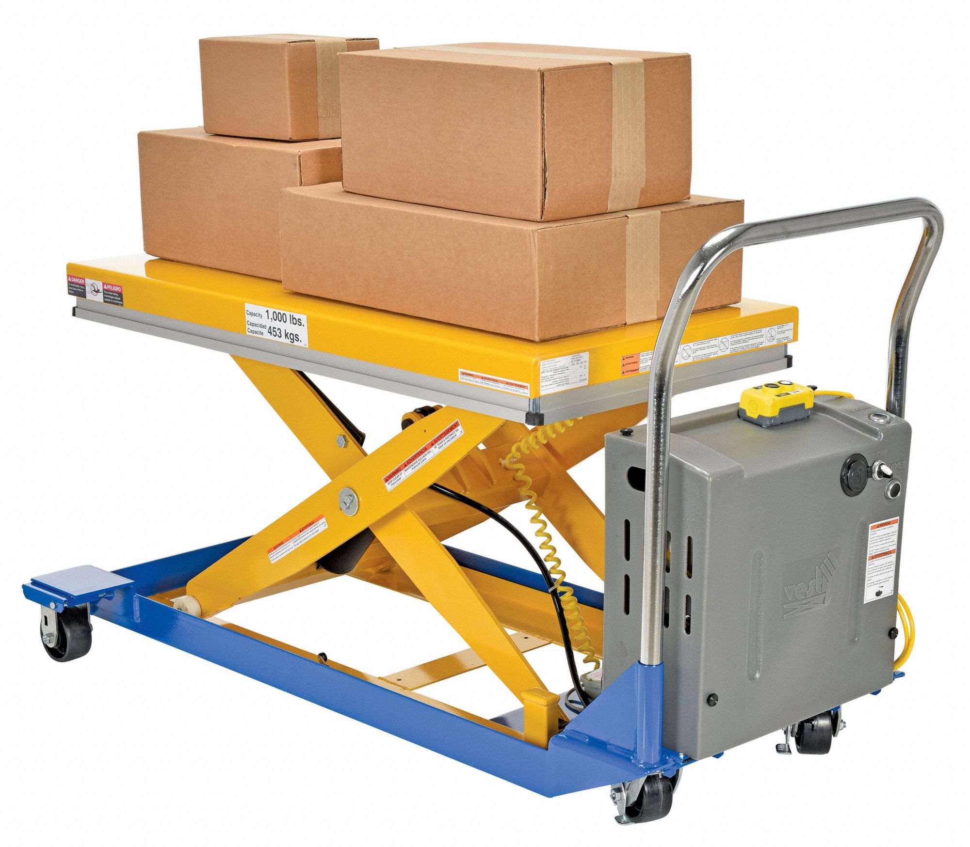 VESTIL PoweredLift/ManualPush Mobile ScissorLift Table, 1,000 lb