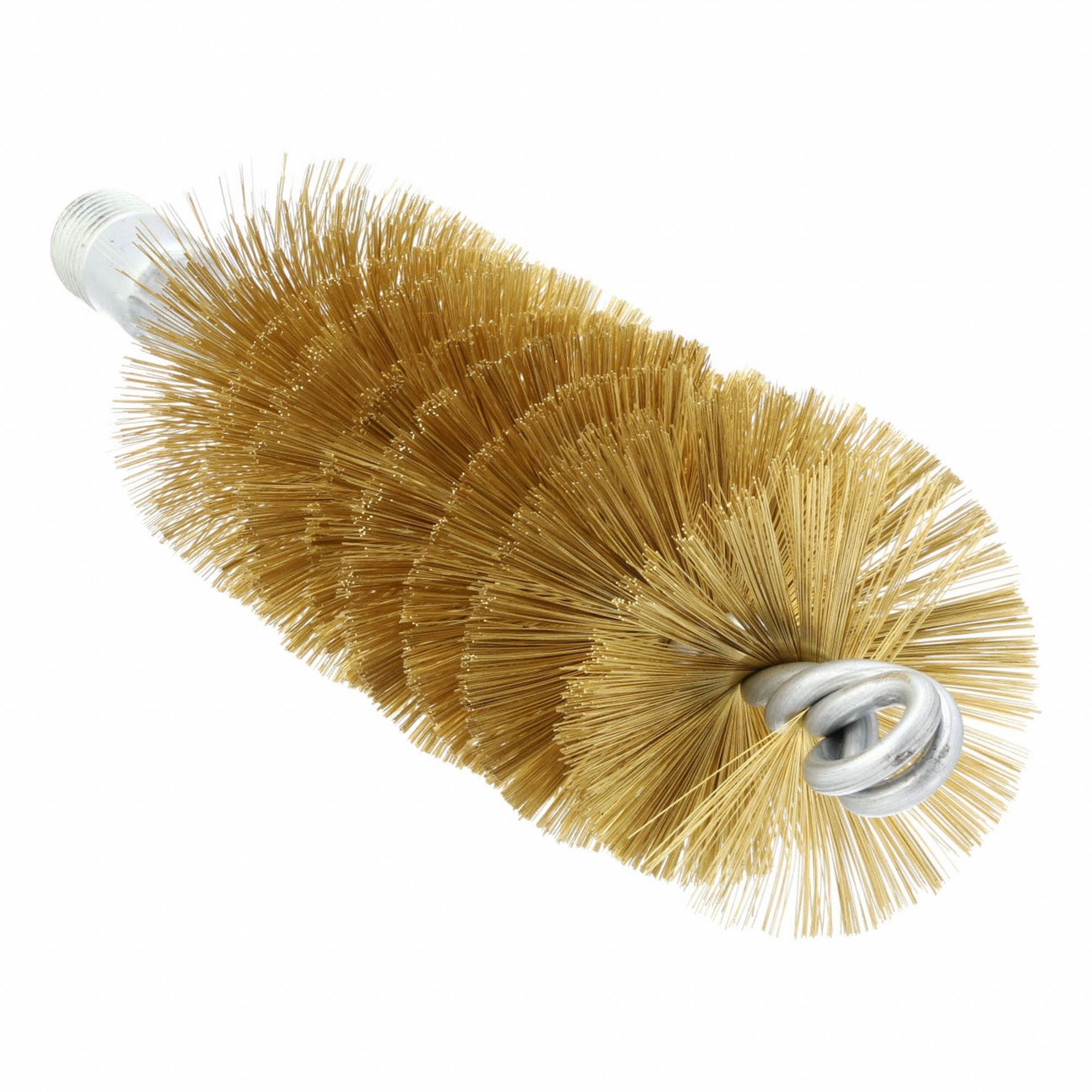 Flue Brush: 1/4"-28 Male, 1 3/4 in Overall Dia, 4 1/2 in Brush Lg, Single Spiral, Double Stem, Brass