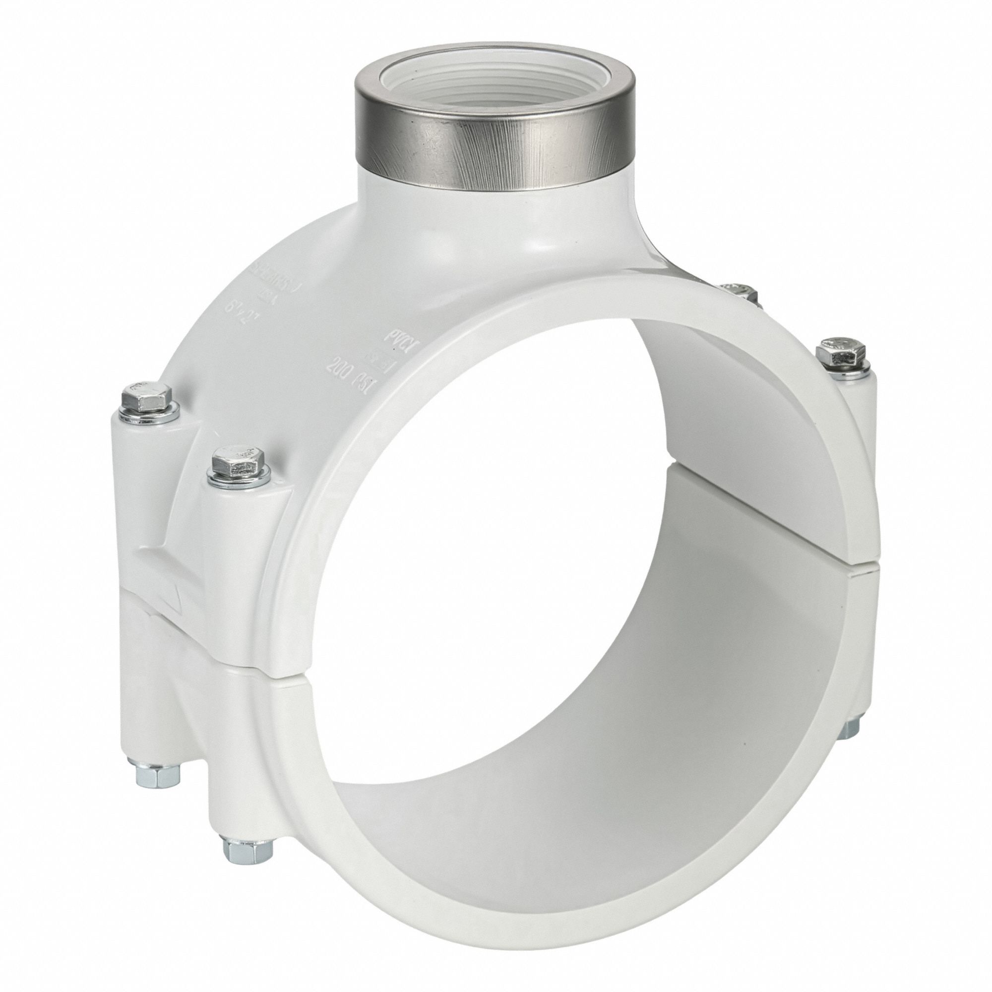 Saddle Clamp: White, Schedule 40, PVC, Reducer, Stainless Steel, Stainless Steel PVC