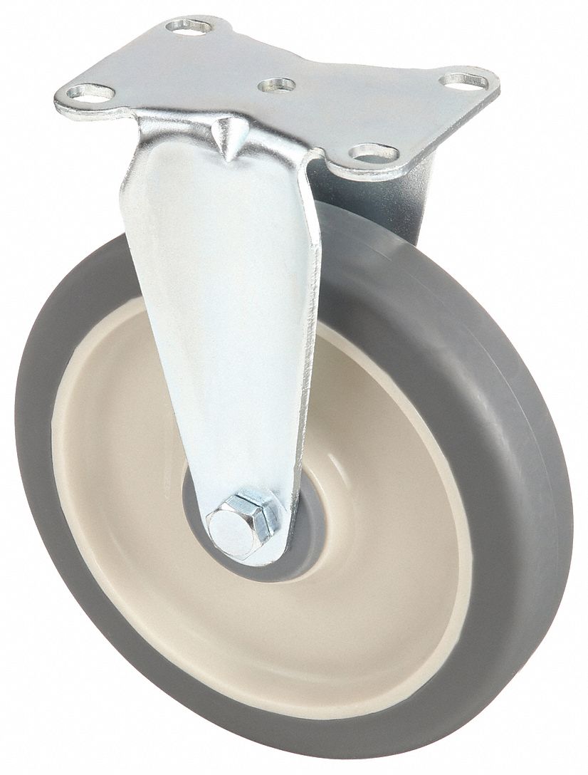 Plate Caster: Debris-Resistant, Rigid, Rubber, 6 in Wheel Dia, 1 1/4 in Wheel Wd