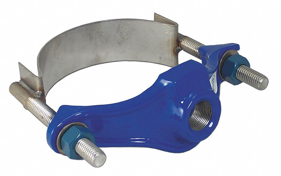 Saddle Clamp: 4 in Pipe Size, 2 in Outlet Pipe Size, Ductile Iron Body