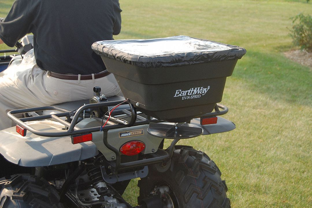 EARTHWAY ATV Spreader, 80 lb. Capacity, 3 Hole Drop Type, Electric Flow