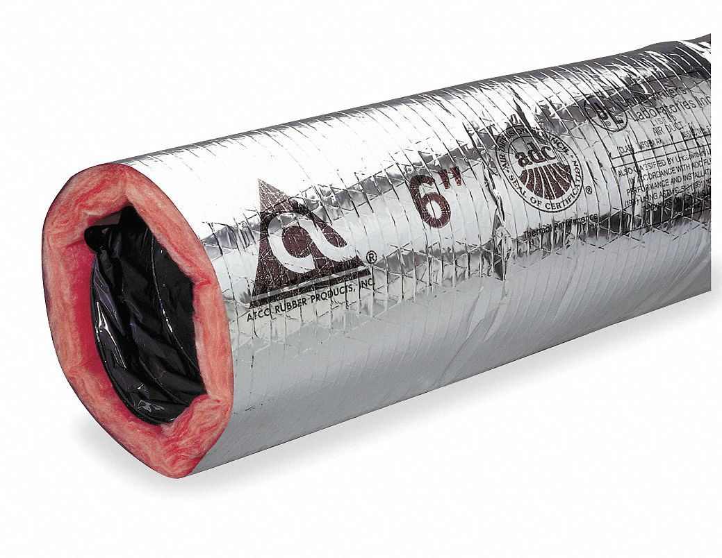 Insulated Flexible Duct: 8 in Flex Duct Inside Dia., 1 1/4 in Flex Duct Wall Thick, Polyester
