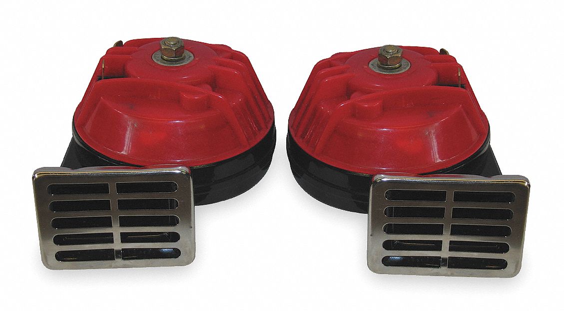Electric Horn: 12V DC, High Tone/Low Tone, Electric, Red, Unfinished, 115 dB Sound Level - Max