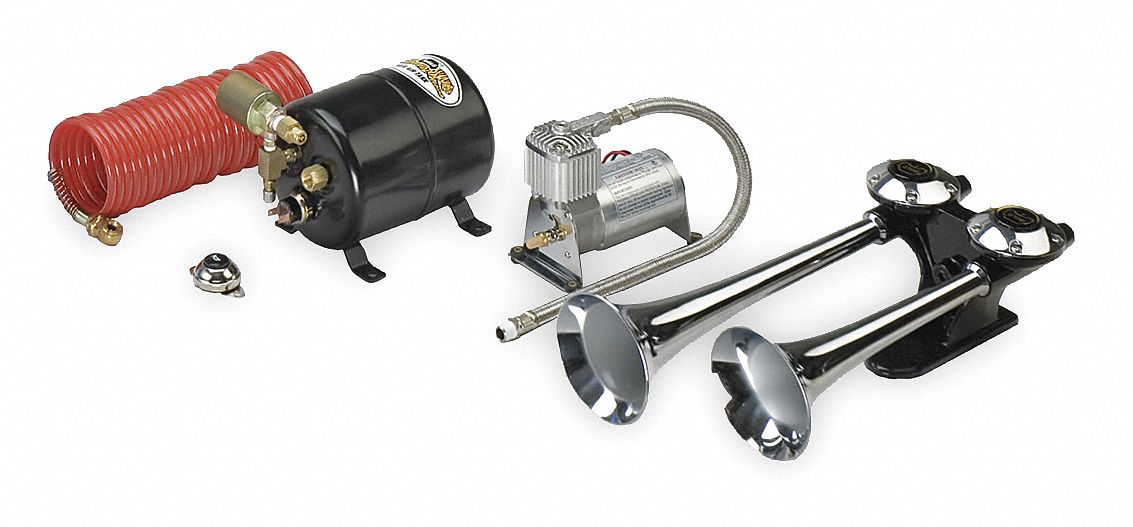 Air Horn: 12V DC, Low Tone, Air, Black, Unfinished, 125 dB Sound Level - Max, Trumpet Horn