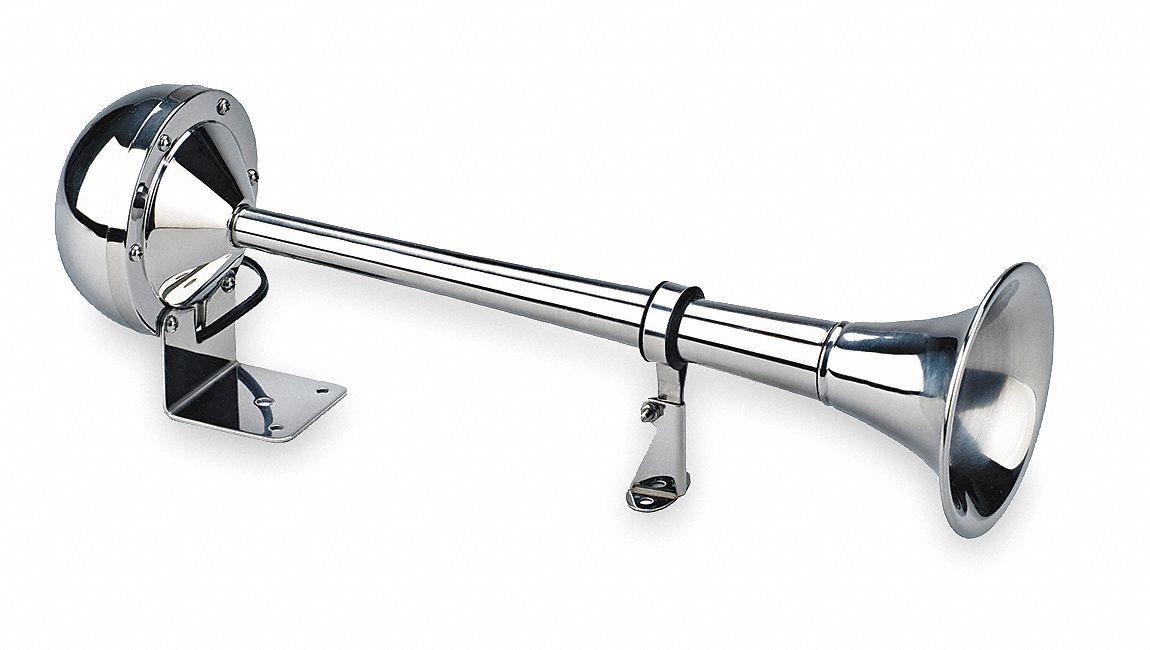 Electric Horn: 12V DC, Low Tone, Electric, Silver, Bright Polished, 115 dB Sound Level - Max