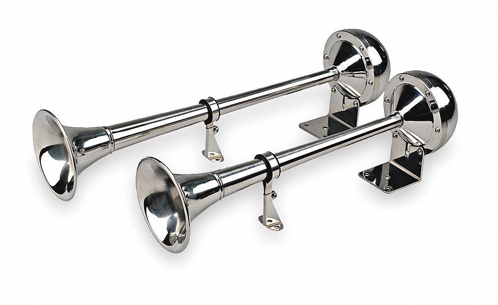 Electric Horn: 12V DC, High Tone/Low Tone, Electric, Silver, Bright Polished, Trumpet Horn