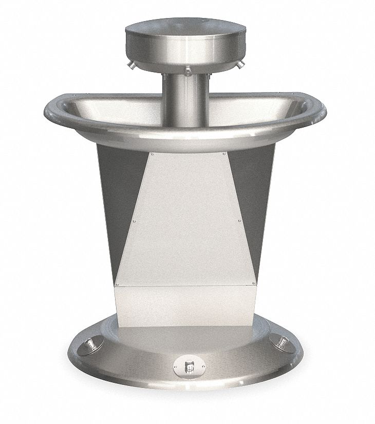 WASH FOUNTAIN: BRADLEY, SILVER, SS, SEMI-CIRCULAR, 54 IN W, 4 STATIONS, SENTRY