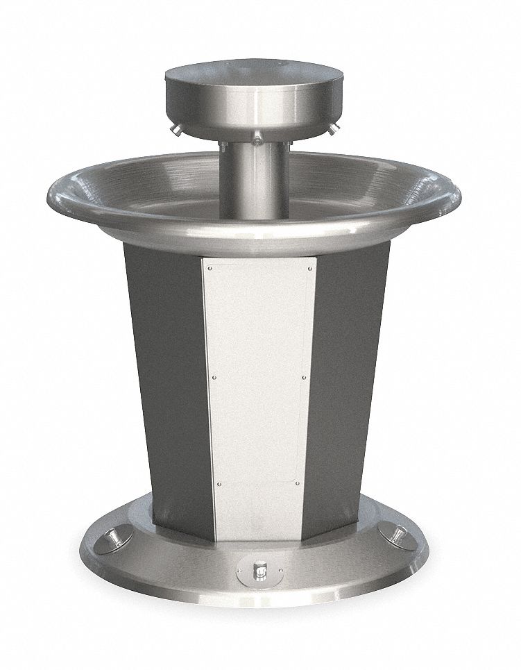 Wash Fountain: Silver, Stainless Steel, Circular, 36 in Overall Wd, Off-Line Vent Drain