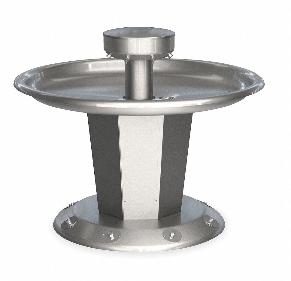 Wash Fountain: Silver, Stainless Steel, Circular, 54 in Overall Wd, Central Rising Drain