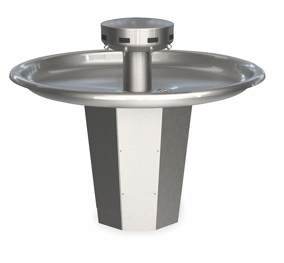 Wash Fountain: Silver, Stainless Steel, Circular, 54 in Overall Wd, Central Rising Drain