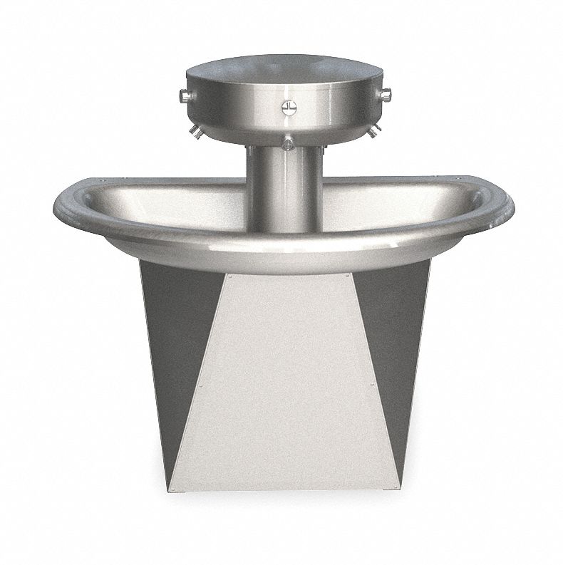 WASH FOUNTAIN: BRADLEY, SILVER, SS, SEMI-CIRCULAR, 36 IN W, 3 STATIONS, SENTRY