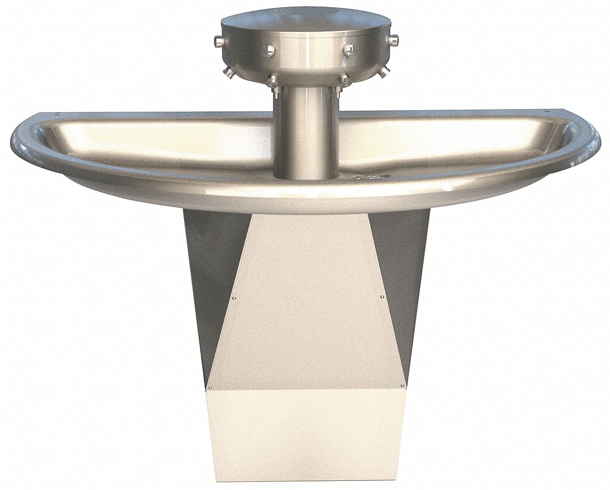 WASH FOUNTAIN: BRADLEY, SILVER, SS, SEMI-CIRCULAR, 54 IN W, 4 STATIONS, SENTRY