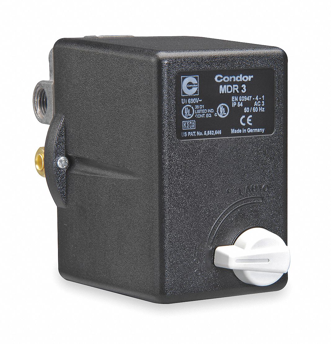 CONDOR USA, INC Pressure Switch: 140/175 psi, 30 to 110 psi, 60 to 232 psi,  Single/Three Phase, 3PST