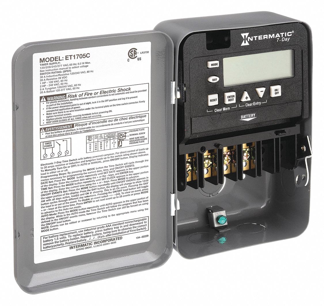 INTERMATIC Electronic Timer: 1 Channels, 120 to 277V AC, SPST, 30 A Amps, 7  day Max. Time Setting, 1