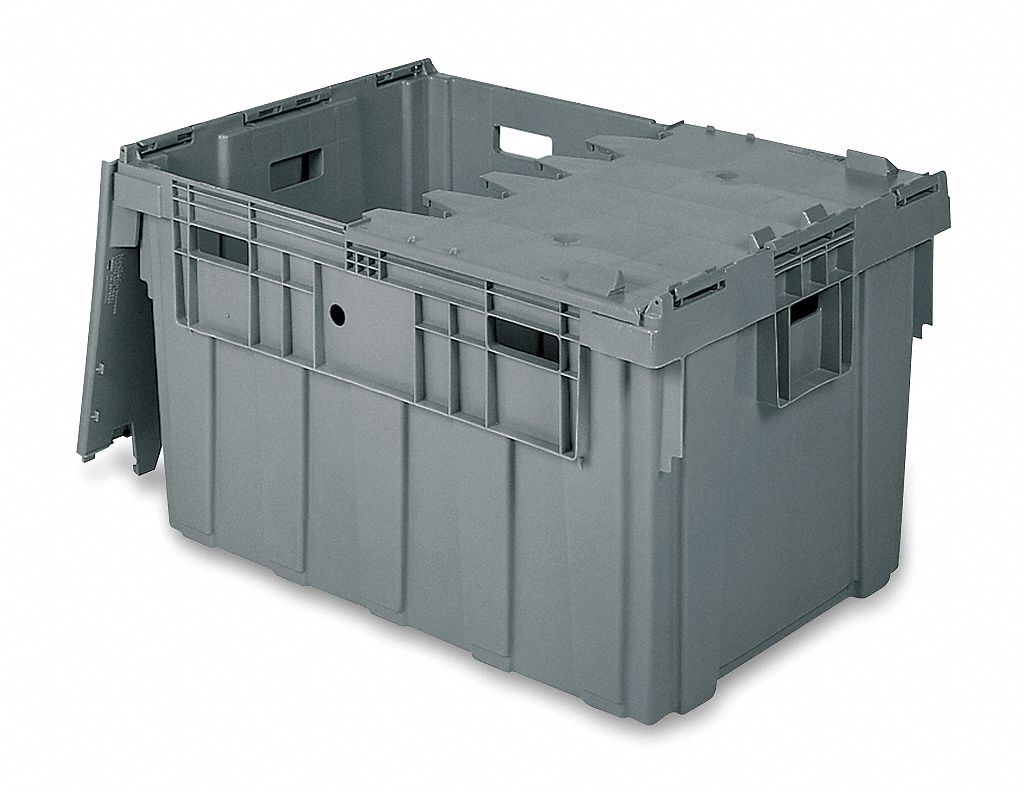 Attached Lid Tote: 45.6 gal, 34 in x 24 in x 19 5/8 in, Gray Body, Gray Lid, Plastic