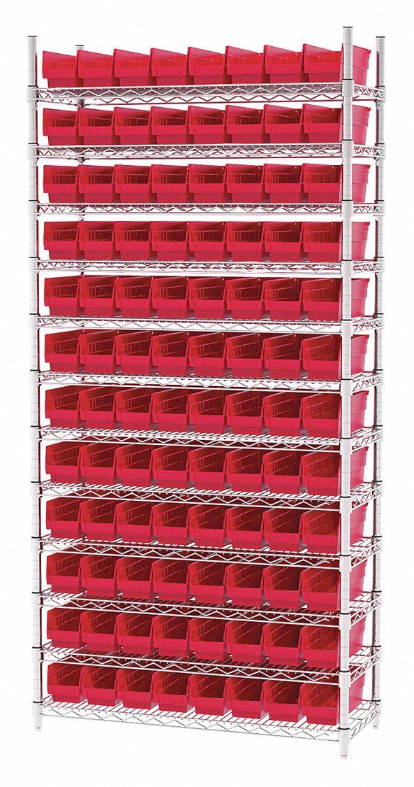 Bin Shelving: 36 in x 14 in x 74 in, 96 Bins, 12 Shelves, Open, Shelf Bin, Red