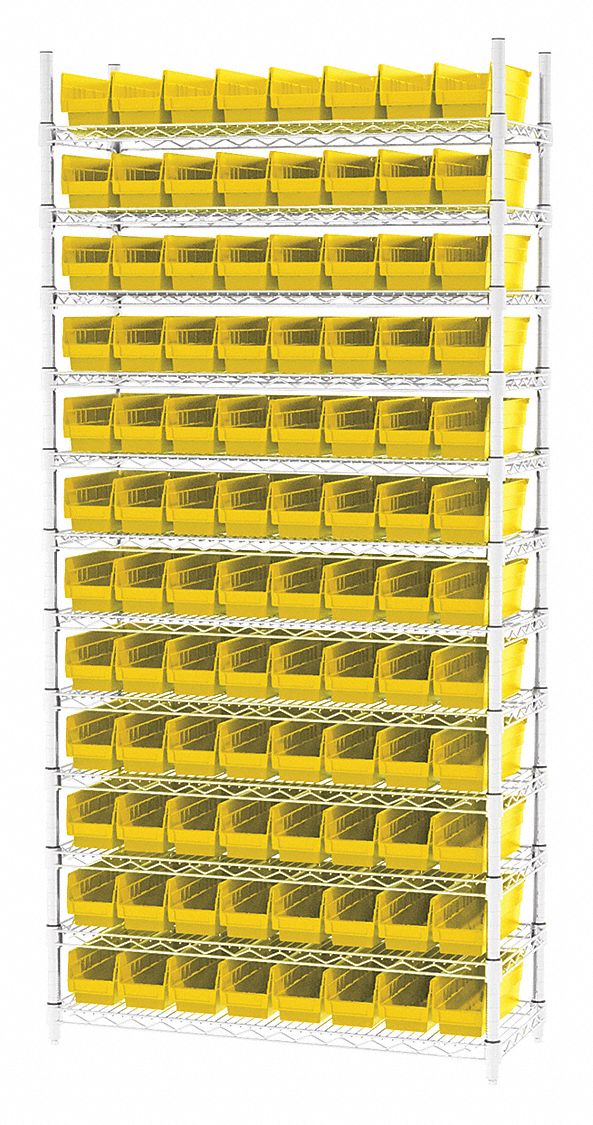 Bin Shelving: 36 in x 14 in x 74 in, 96 Bins, 12 Shelves, Open, Shelf Bin, Yellow