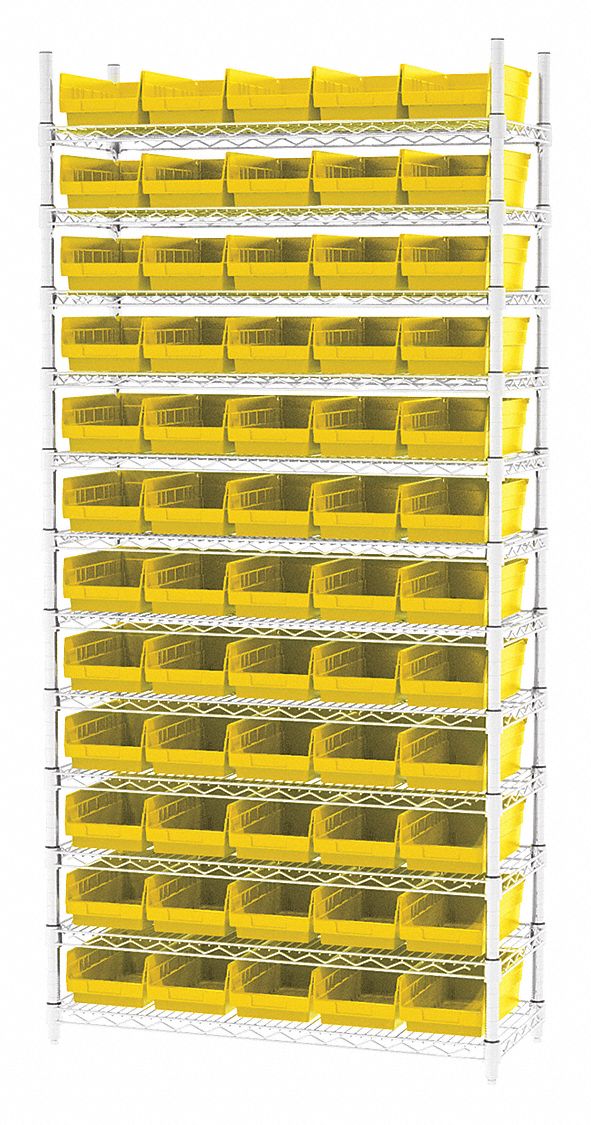 Bin Shelving: 36 in x 14 in x 74 in, 60 Bins, 12 Shelves, Open, Shelf Bin, Yellow