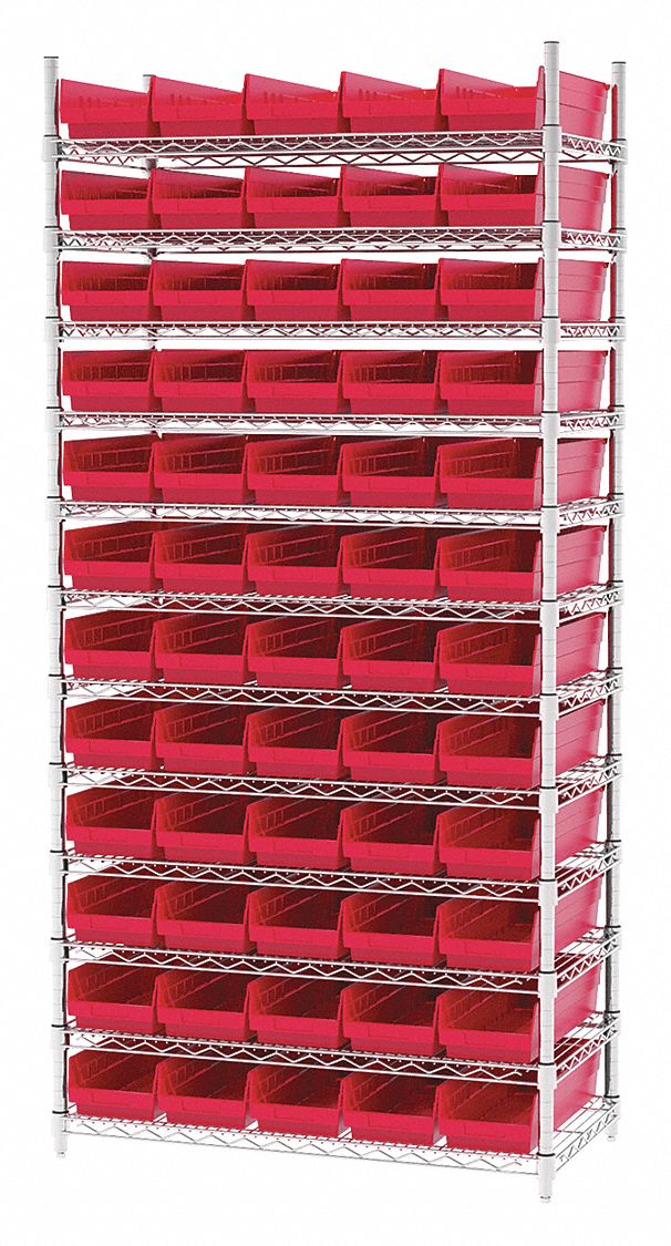 Bin Shelving: 36 in x 18 in x 74 in, 60 Bins, 12 Shelves, Open, Shelf Bin, Red