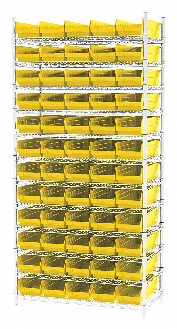 Bin Shelving: 36 in x 18 in x 74 in, 60 Bins, 12 Shelves, Open, Shelf Bin, Yellow