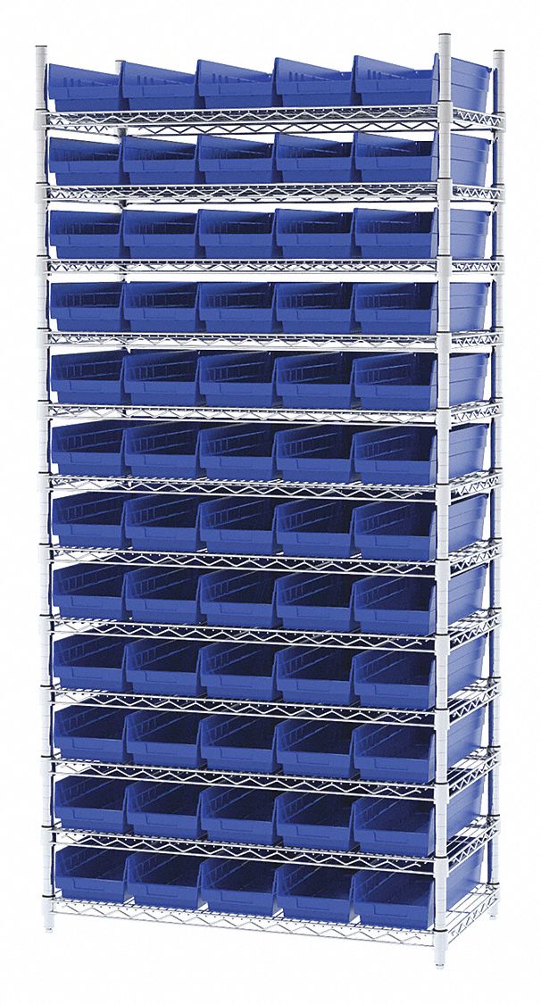 Bin Shelving: 36 in x 18 in x 74 in, 60 Bins, 12 Shelves, Open, Shelf Bin, Blue